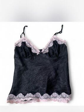 Vintage Black Satin Tank with Pink Lace Trim